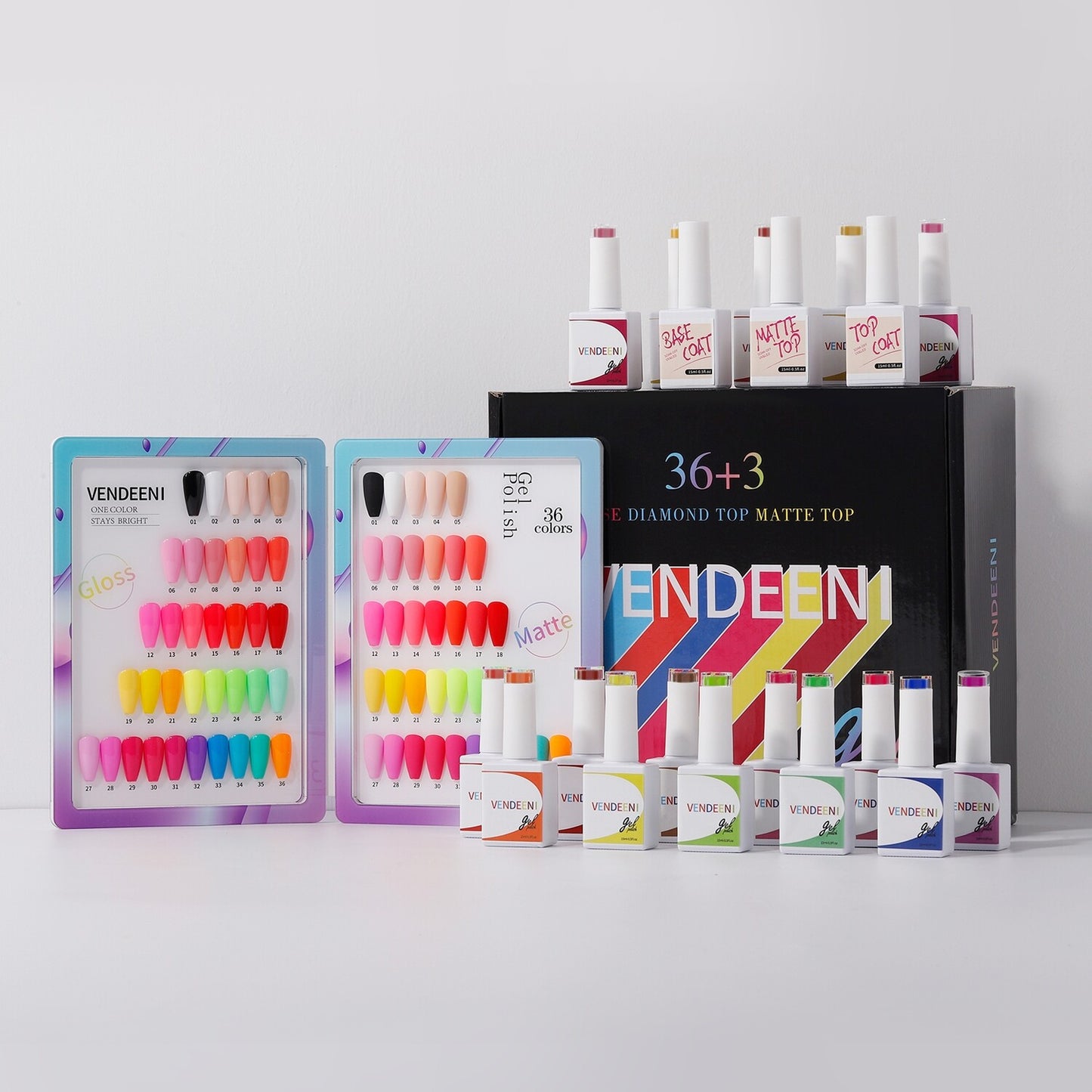 Vendeeni 36 + Base + Matt Top + Gloss Top Colours UV Gel with classic colour chart Set 3