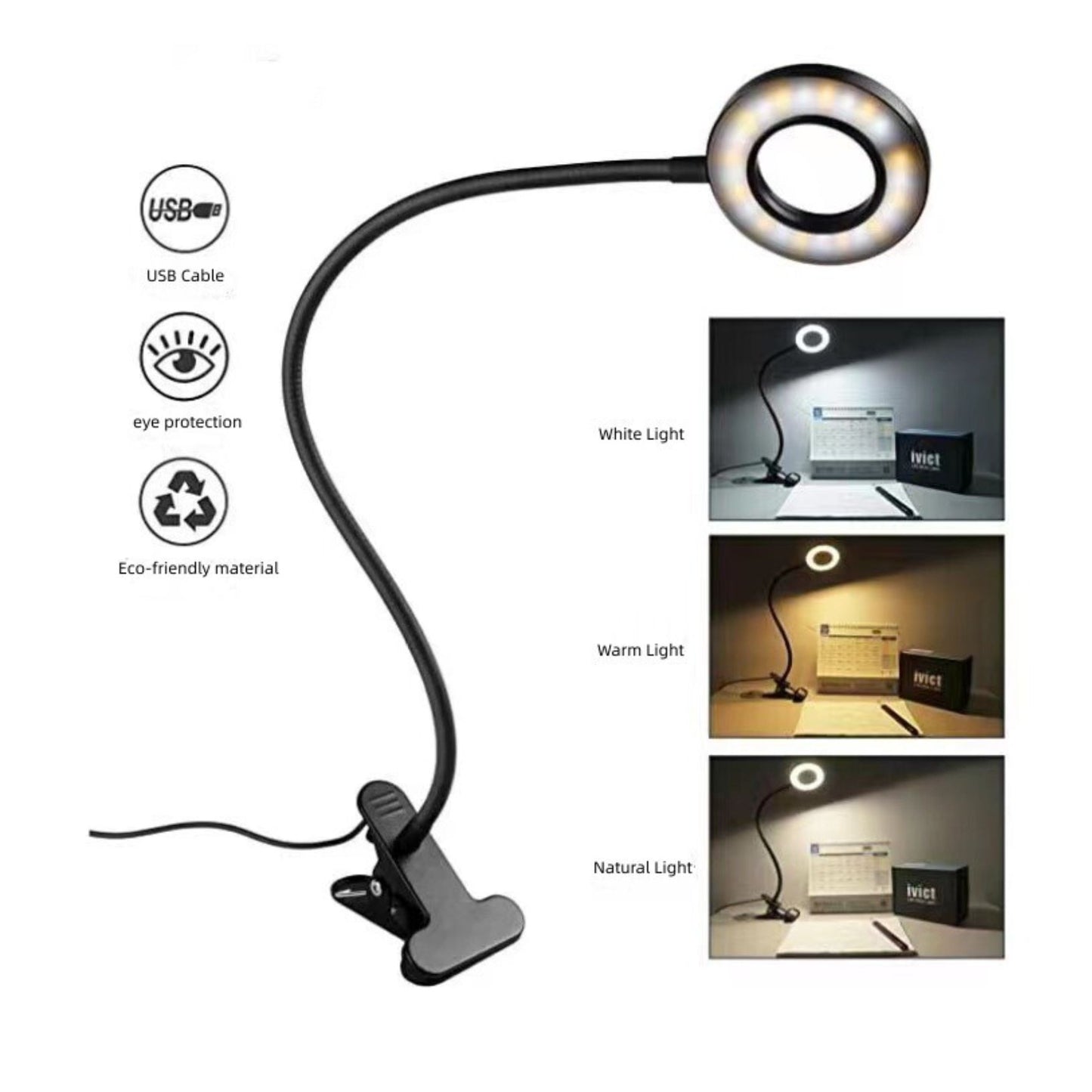 Work Station Clip Lamp Round 7W USB Cable