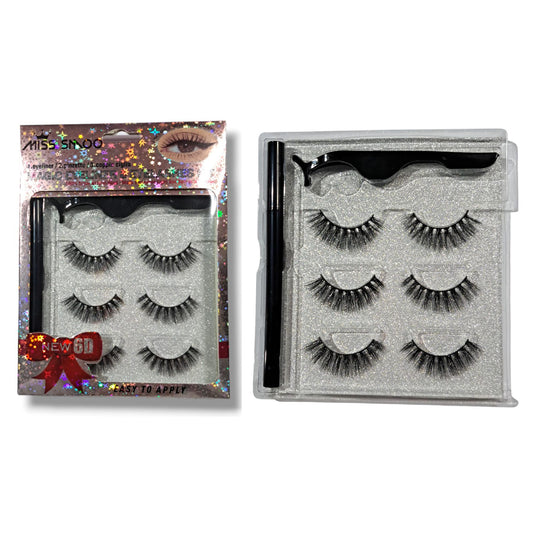 Magnetic Eyelash Set 3 pairs + Magnetic Eyeliner + Eyelash tweezer placer 6D 14mm