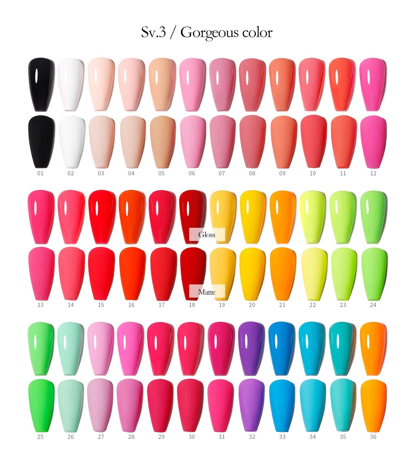 Vendeeni 36 + Base + Matt Top + Gloss Top Colours UV Gel with classic colour chart Set 3